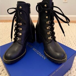 Stuart Weitzman Black Lace-Up Boots with Gold Accents